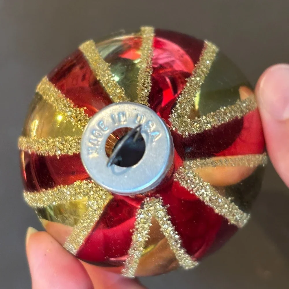Vintage Teardrop Christmas Ornament Red Gold Glitter Striped Glass USA Made
